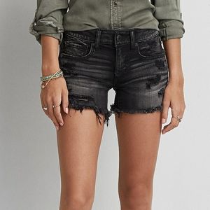 American Eagle Hi-Rise Black Midi Distressed Shorts